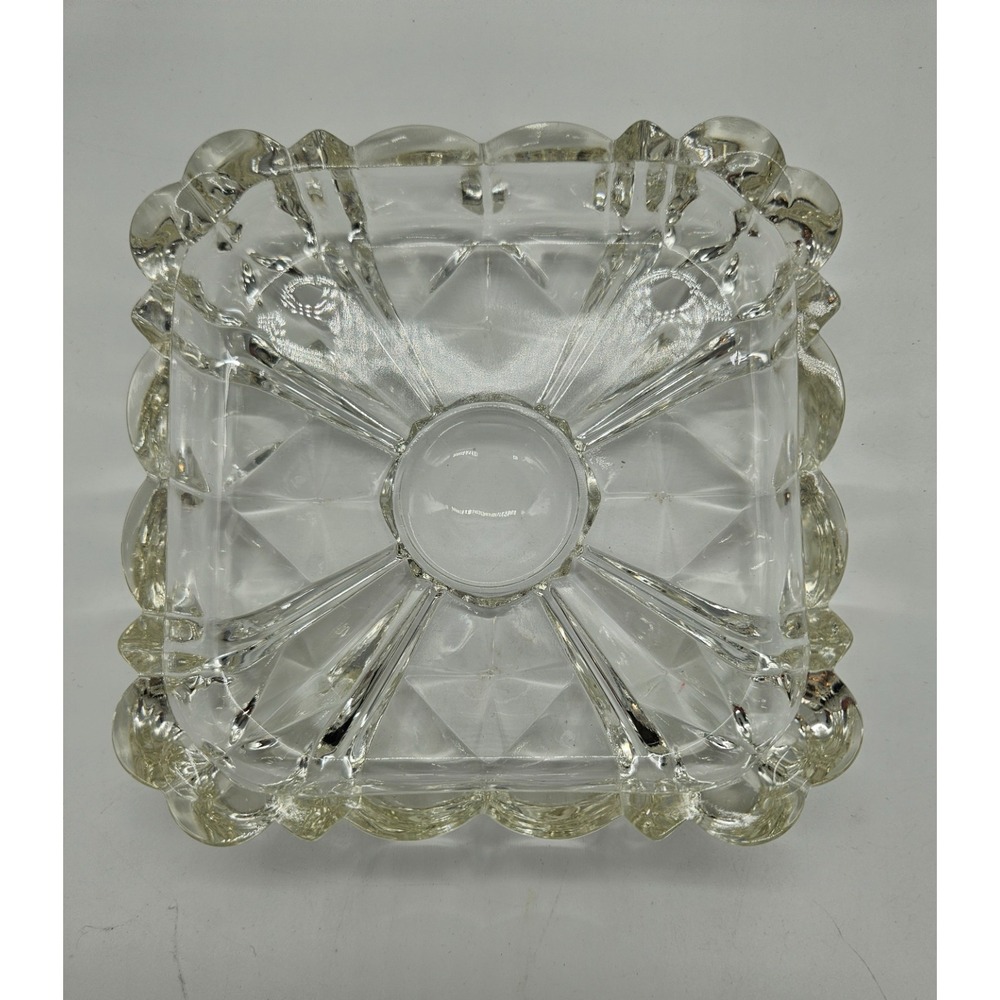 Vintage Clear Pressed Glass Square Ashtray Scalloped Bubble Edge Starburst 4.5in